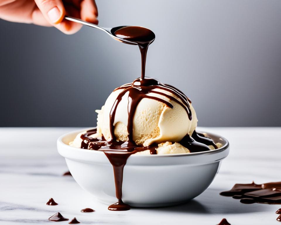 Hoe gebruik je pure chocolade saus op ijs?