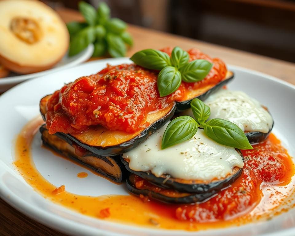 Aubergine parmigiana met mozzarella en basilicum