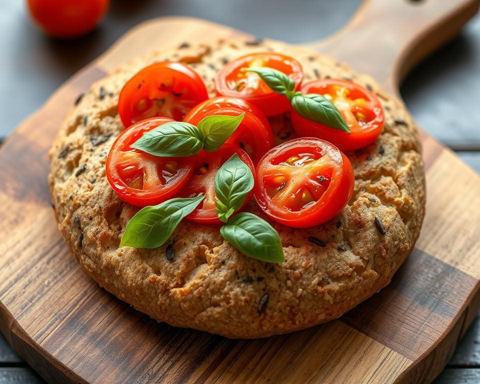 Volkoren focaccia met tomaten en basilicum